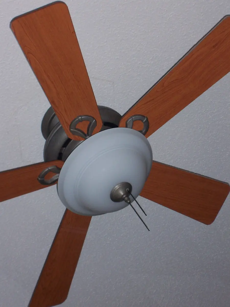 Five-blade ceiling fan with a globe light kit seen from below
