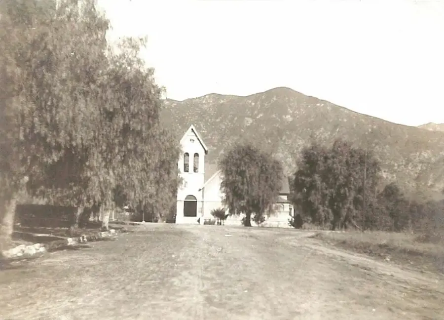 Old 1906 photo of the Old North Church below the hills in Sierra Madre