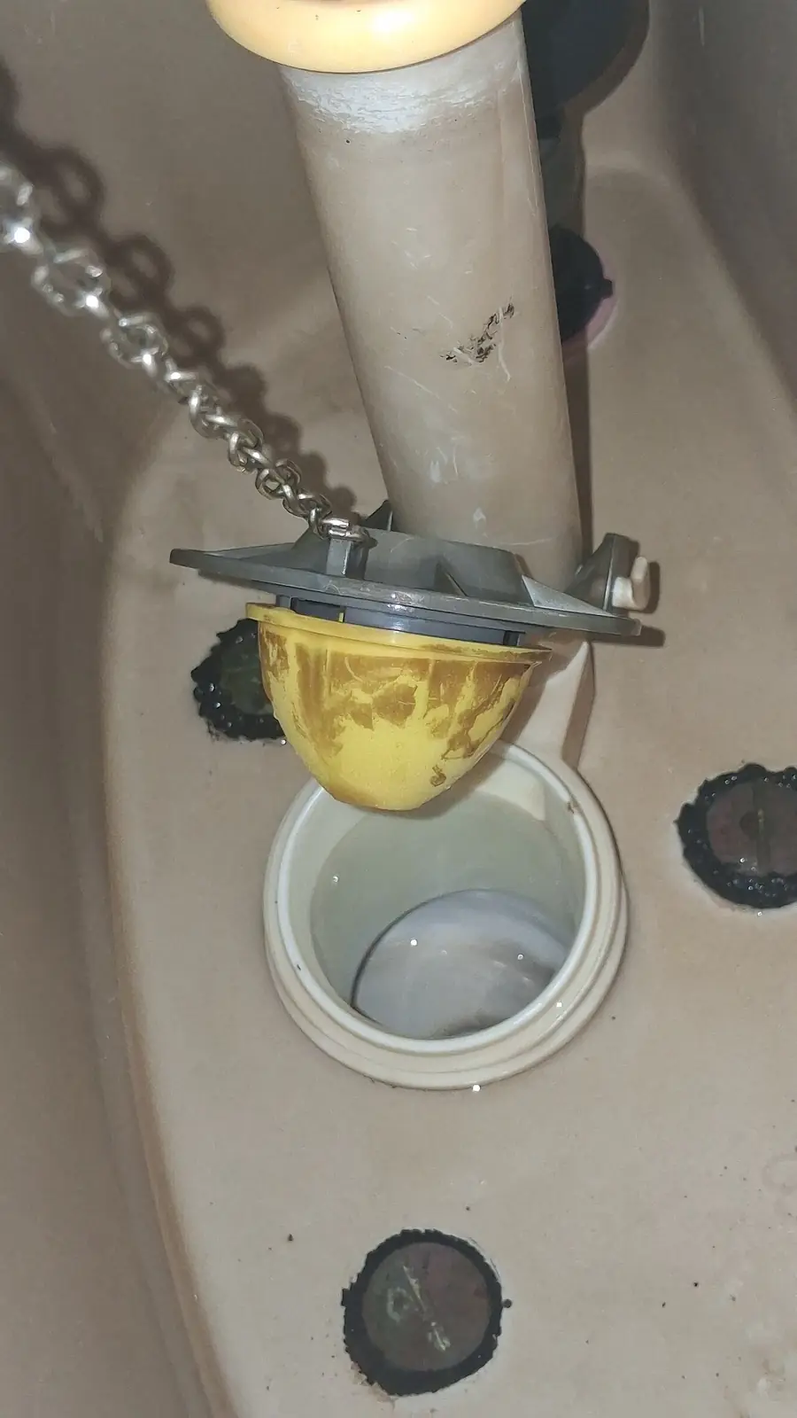 Worn plastic flapper and chain inside a toilet tank above the flush valve
