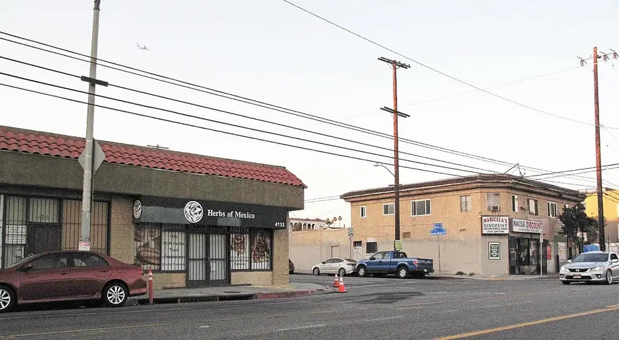 Corner storefront building on East Whittier Boulevard in East Los Angeles