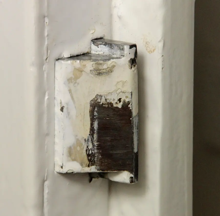 Close view of a door latch bolt on a white painted door edge