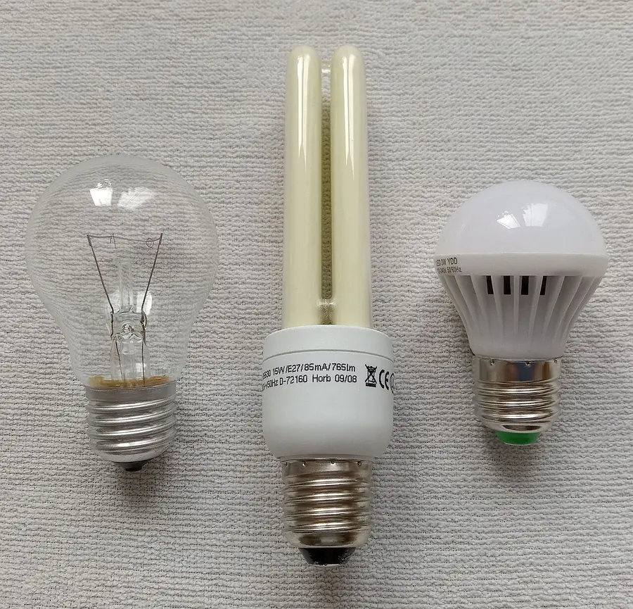 Incandescent, compact fluorescent and LED bulbs side by side for comparison