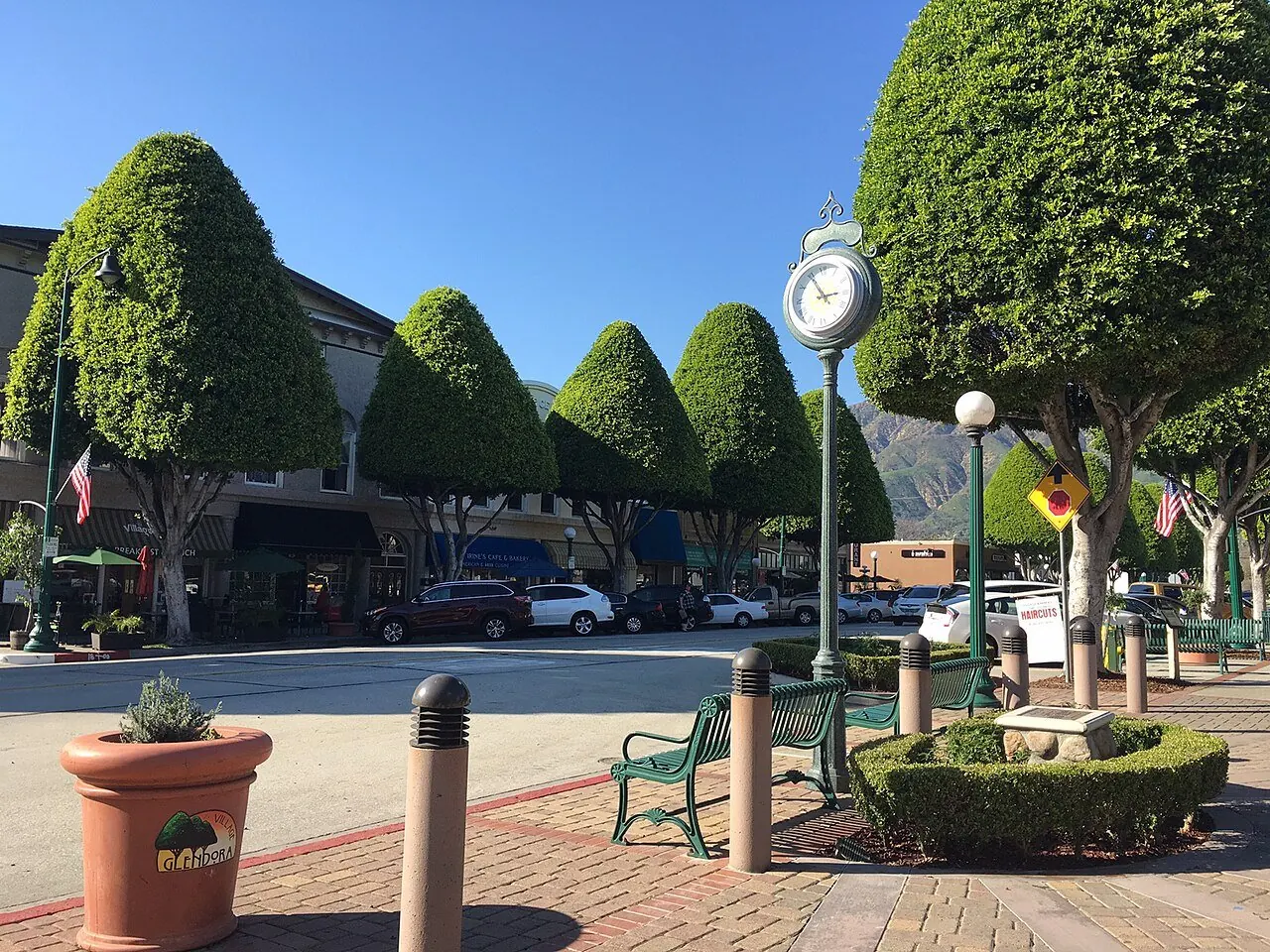 Downtown Glendora Village street lined with large ficus trees